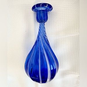 Rare Vintage Cobalt Blue Bottle Vase Candleholder Italy Handblown Glass Twisted